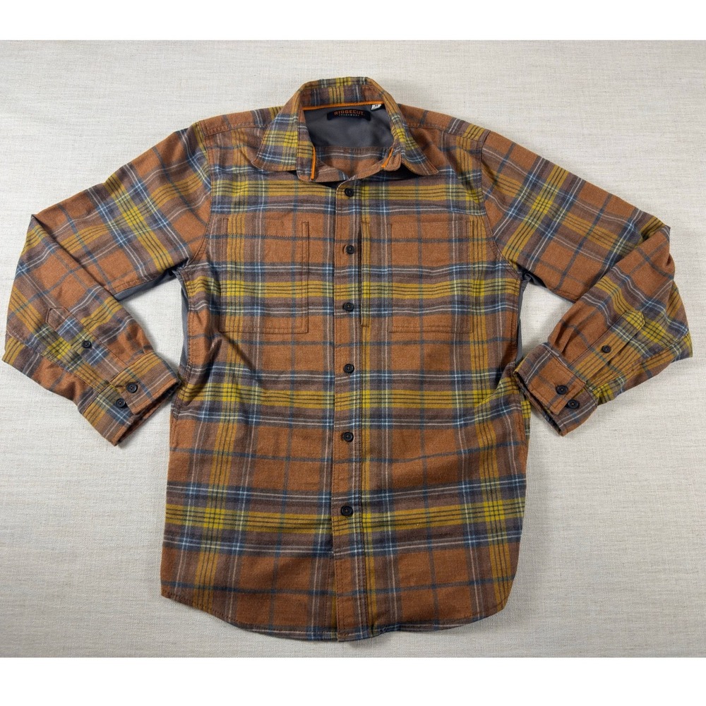 Ridgecut Toughwear Mens Plaid Flannel Shirt Brown Yellow Mesh Vent Medium